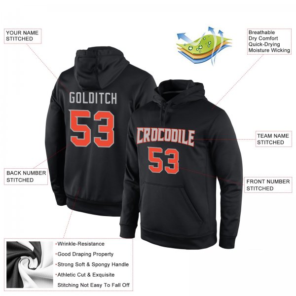 Men's Custom Stitched Black Orange-Gray Sports Pullover Sweatshirt Hoodie