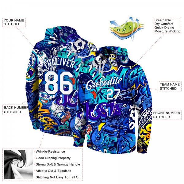 Men's Custom Stitched Graffiti Pattern White-Royal 3D Sports Pullover Sweatshirt Hoodie