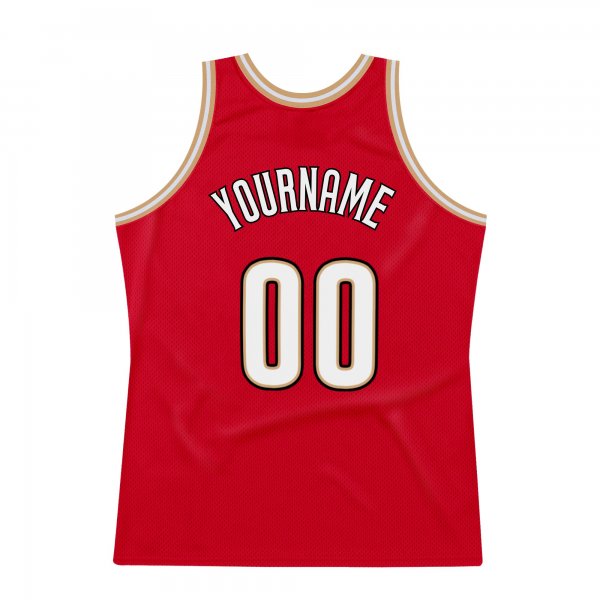 Men's Custom Red White-Old Gold Authentic Throwback Basketball Jersey