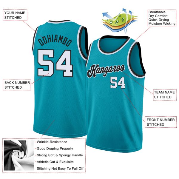 Men's Custom Teal White-Black Round Neck Rib-Knit Basketball Jersey