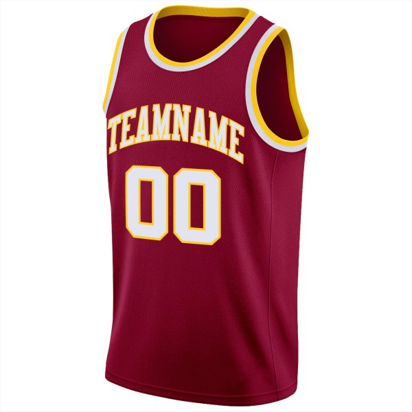 Men's Custom Maroon White-Gold Round Neck Rib-Knit Basketball Jersey