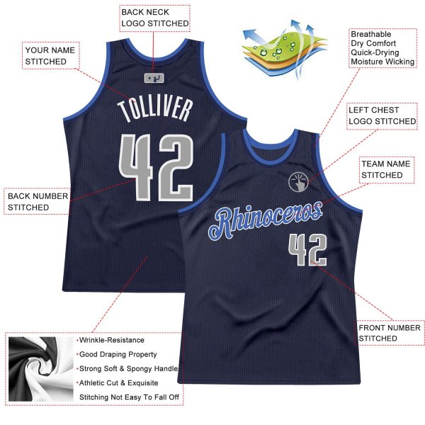 Men's Custom Navy Silver Gray-Blue Authentic Throwback Basketball Jersey