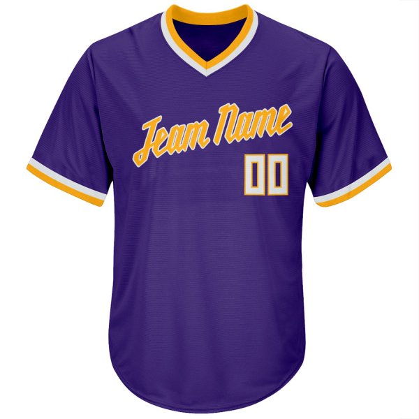 Men's Custom Purple White-Gold Authentic Throwback Rib-Knit Baseball Jersey Shirt