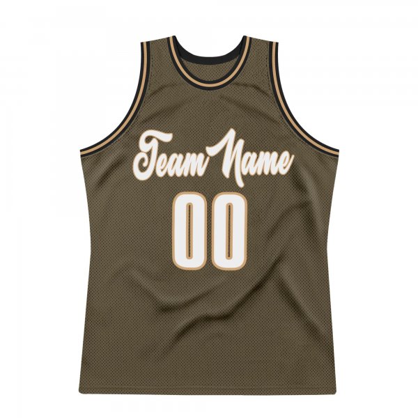 Men's Custom Olive White-Old Gold Authentic Throwback Basketball Jersey