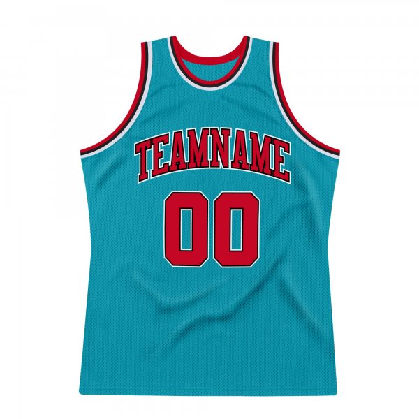 Men's Custom Teal Red-Black Authentic Throwback Basketball Jersey