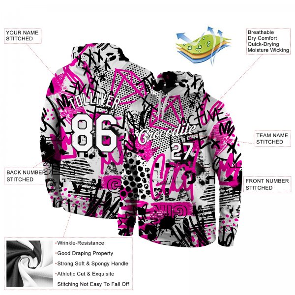 Men's Custom Stitched Graffiti Pattern White-Black 3D Sports Pullover Sweatshirt Hoodie