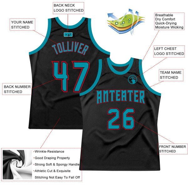 Men's Custom Black Teal-Red Authentic Throwback Basketball Jersey
