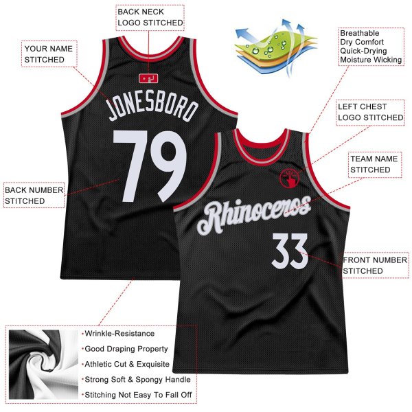 Men's Custom Black White-Red Authentic Throwback Basketball Jersey