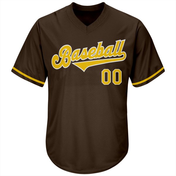 Men's Custom Brown Gold-White Authentic Throwback Rib-Knit Baseball Jersey Shirt