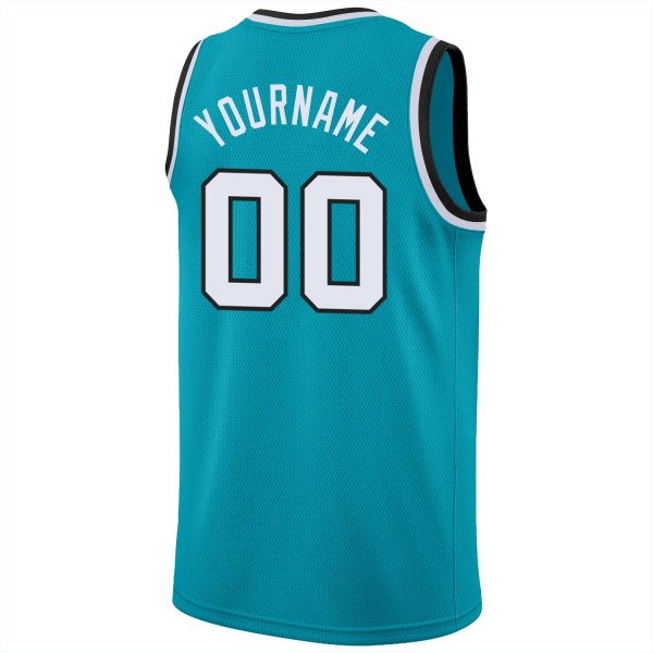 Men's Custom Teal White-Black Round Neck Rib-Knit Basketball Jersey